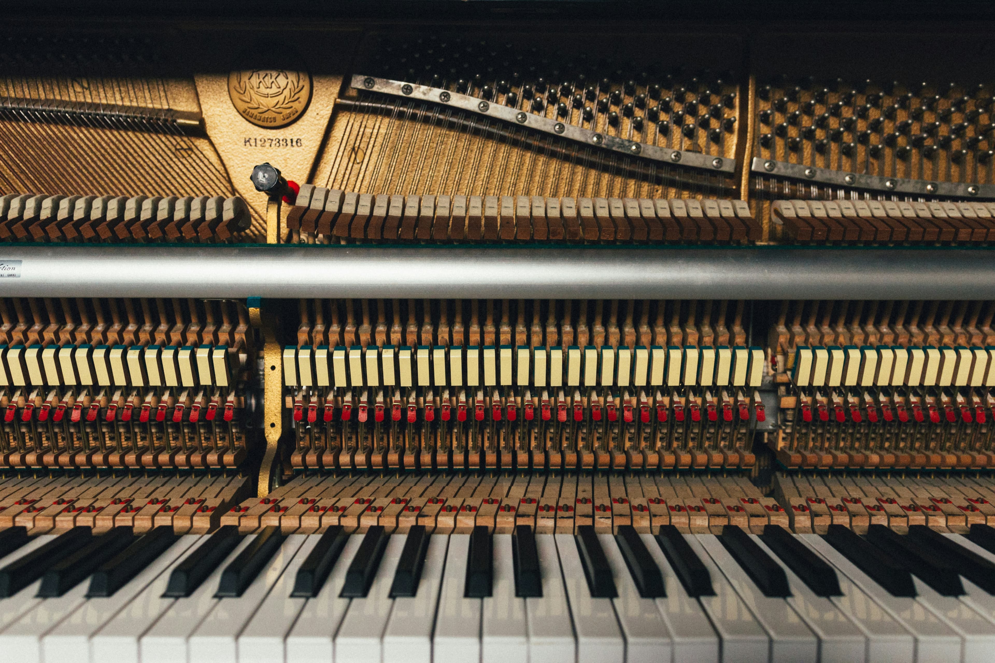 Inside of a piano showing hammers, strings and mechanics